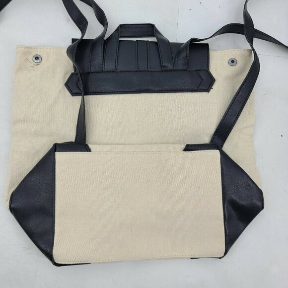 New Deux Lux Ivory Canvas Backpack Black Vegan Leather Bag Purse - Picture 3 of 5